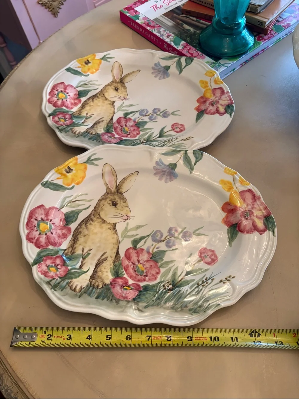 Floral Bunny Ceramic Serving Platter - White with Multicolor Floral Design